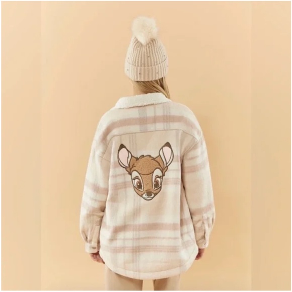 Disney x Forever 21 Cream and Pink Sherpa Bambi Flannel Jacket Sz S.